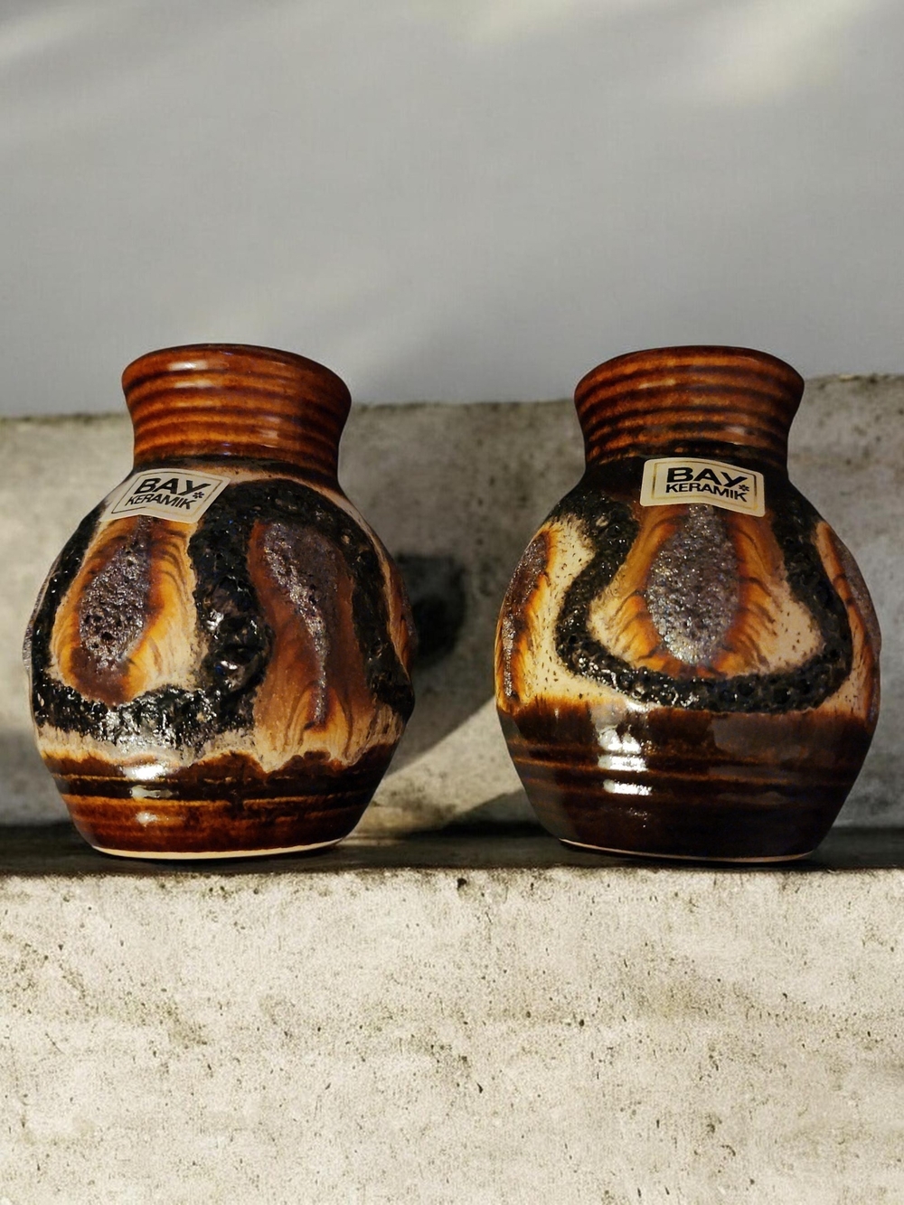 Vintage Mid Century BAY Keramik Brown Drip Glaze Ceramic Vases - Pair
